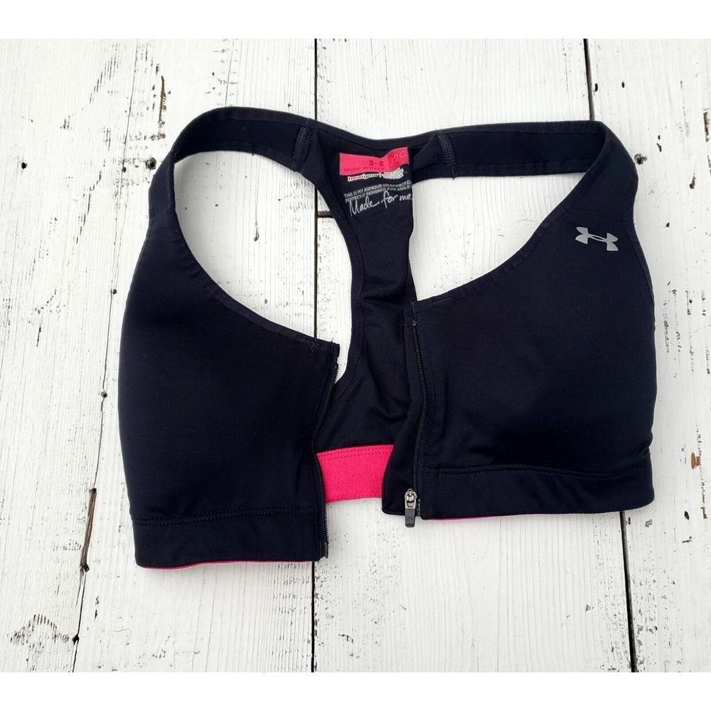 Under Armour T-Shirt Bra Black Zip Front Cross Back Straps Size 32C WORN ONCE